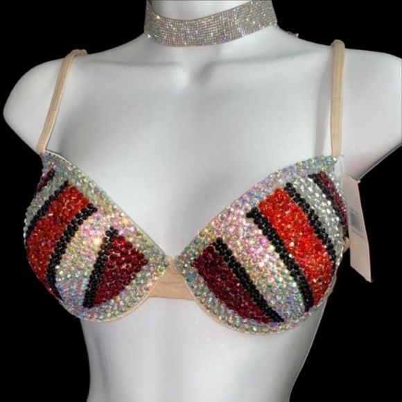 Crystal Rhinestone Pinstripe Glam Bling Red Tones Bra Top All Sizes New - Picture 3 of 14